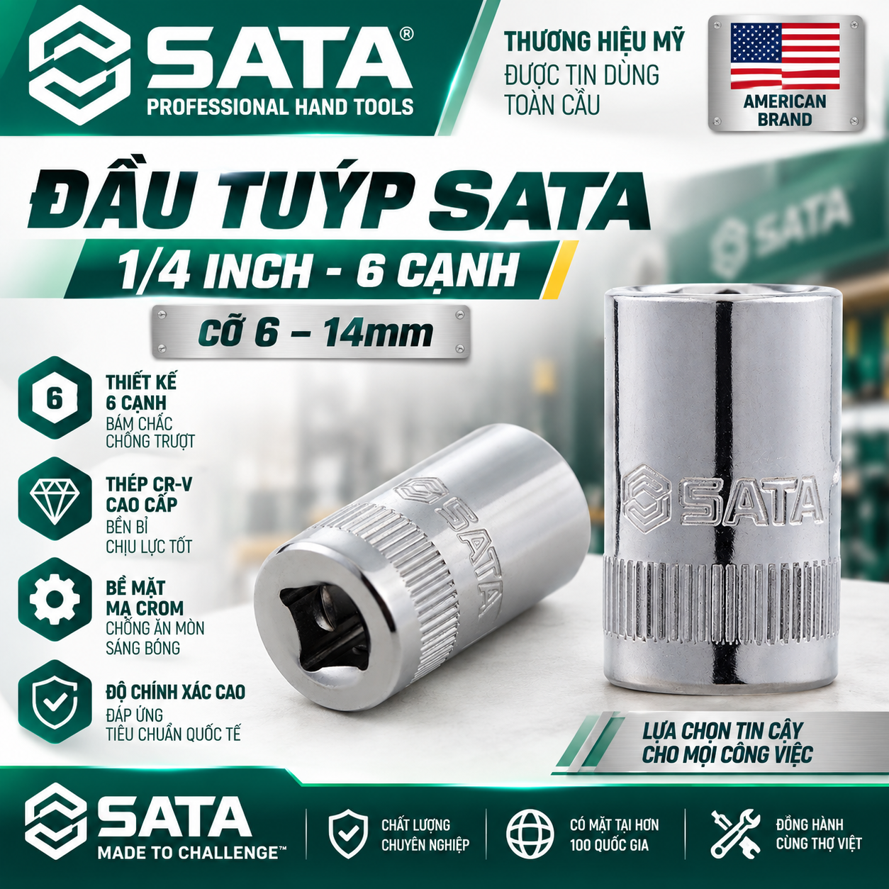 Đầu tuýp SATA 1/4 inch hệ mét 6 cạnh – Dòng 11306 đến 11314 cỡ 6–14mm